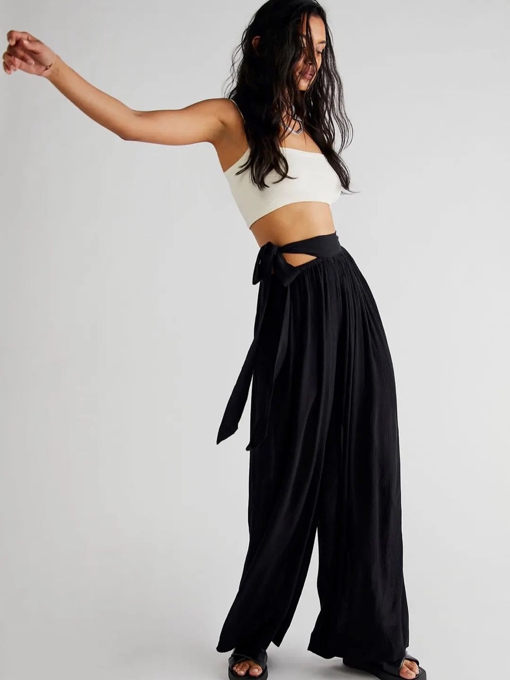 Free People Flowy Crinkle Pants Side Tie Back Wide Leg XL